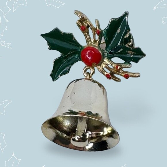 Unbranded Jewelry - Christmas Bell Pin Brooch Vintage Winter Holiday Jewelry Holly Green Red 2 inch